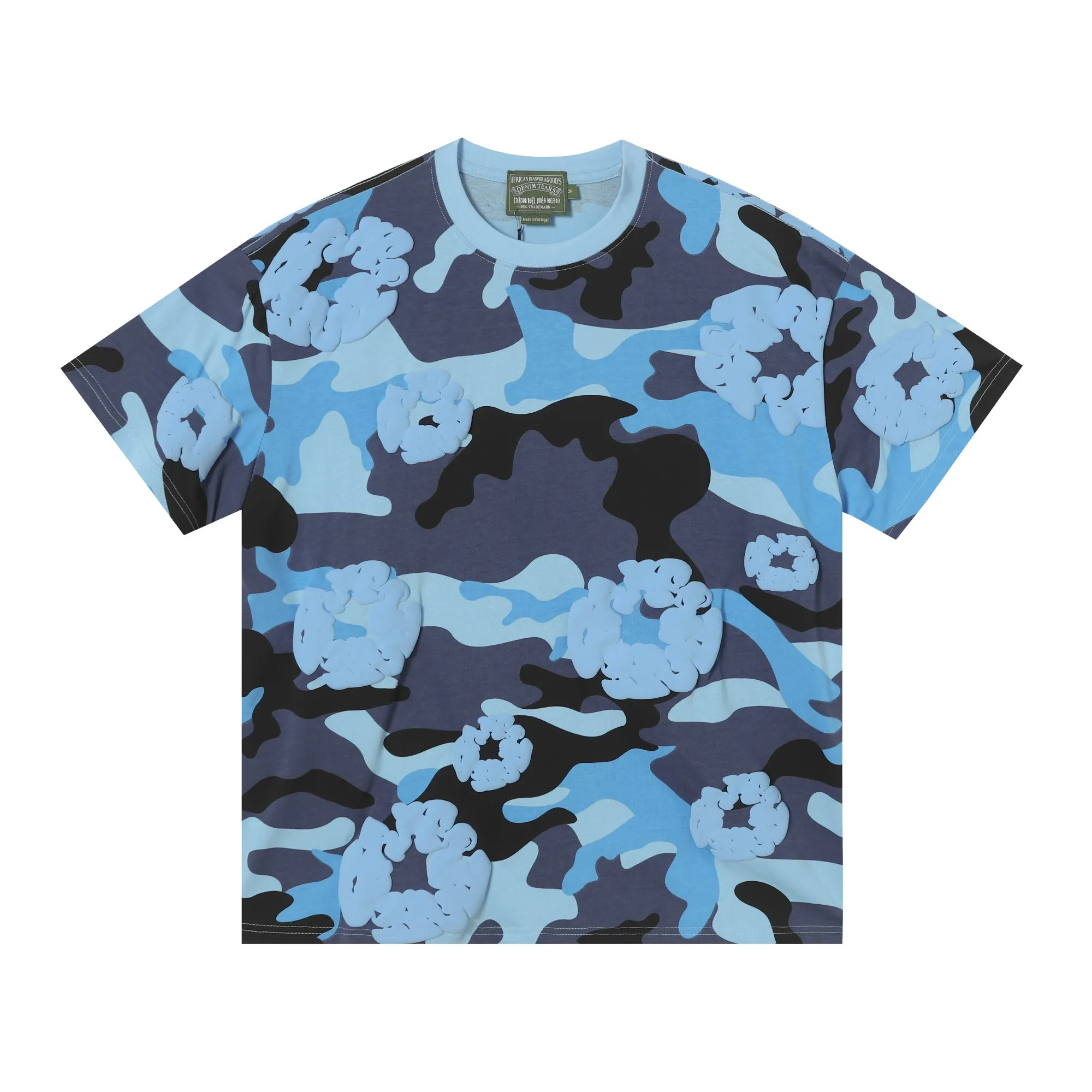 208# DENIM TEARS Kapok European and American trendy brand high quality foam flocking camouflage printed short-sleeved suit Color Camouflage blue Camouflage powder Camouflage gray Camouflage apricot Camouflage green Size S-XL